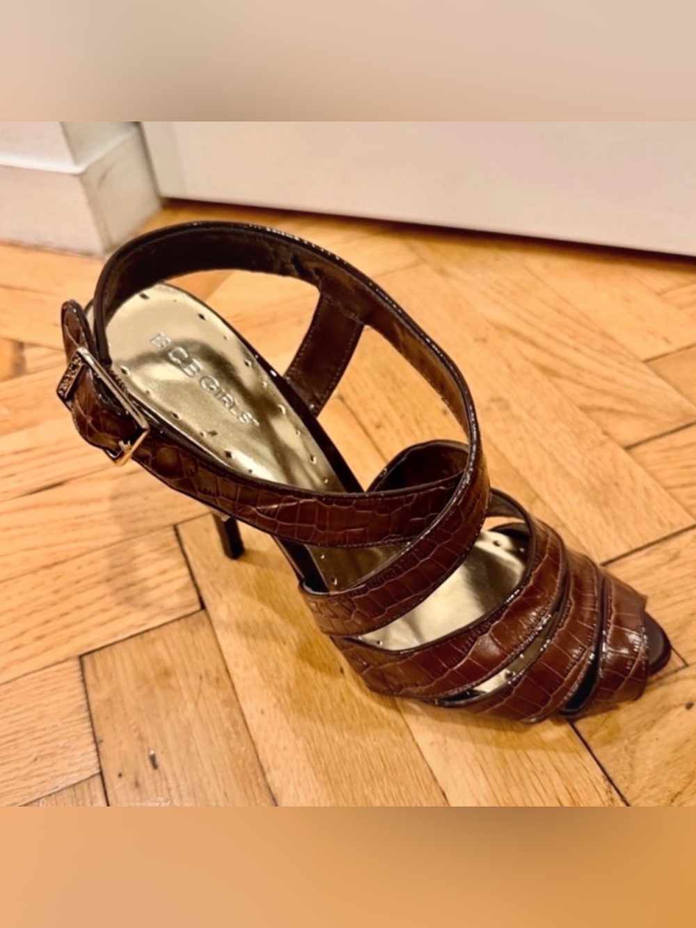 BCBGirls Brown Croc Embossed Strappy Heeled Sandals Size 11